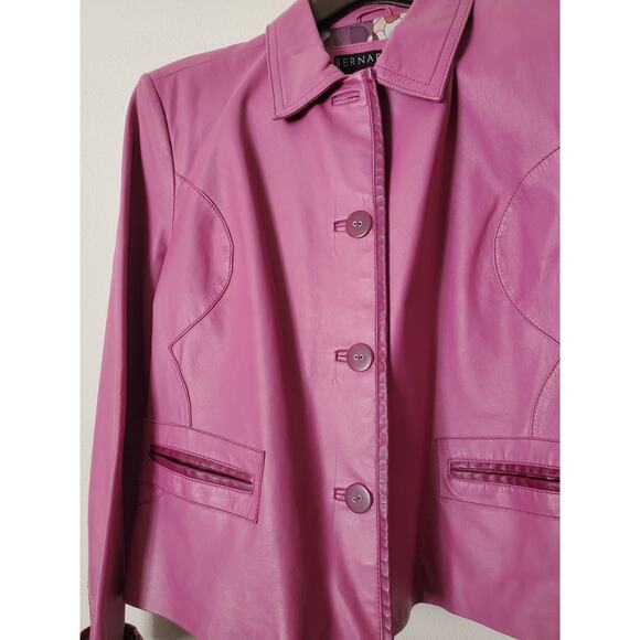 Bernardo Pink Petunia Leather XL Fitted Moto/Barbie SPRING Jacket Floral Lining - Picture 4 of 14